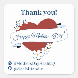 Adesivo Quadrado Dia de as mães Feliz do Coração Vermelho das Redes