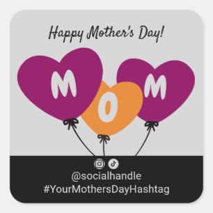 Adesivo Quadrado Dia de as mães Feliz dos Balões em Forma de Coraçã