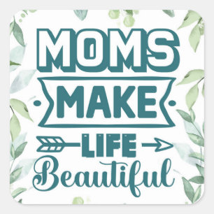 Adesivo Quadrado Dia de as mães Word Art Com Quadro De Folhagem