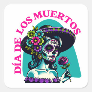 Adesivo Quadrado Día de los Muertos Catrina Rosa Pop Art