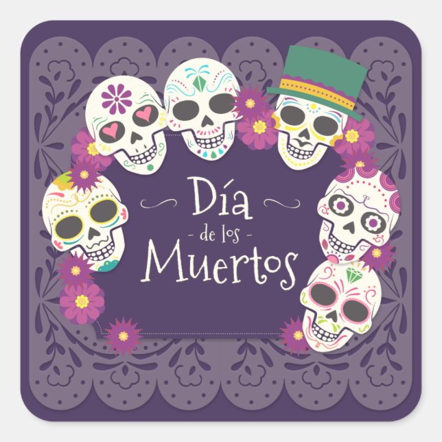 Adesivo Quadrado Dia de los Muertos das máscaras do crânio morto (Frente)