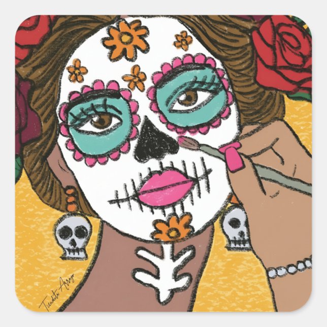 Adesivo Quadrado Dia de los Muertos Floral Make Up  (Frente)
