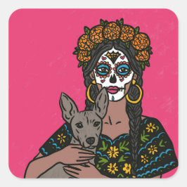 Adesivo Quadrado Dia de Muertos Marigold and Xolo Dog Stickers