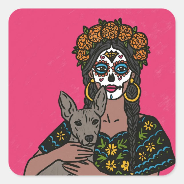 Adesivo Quadrado Dia de Muertos Marigold and Xolo Dog Stickers (Frente)