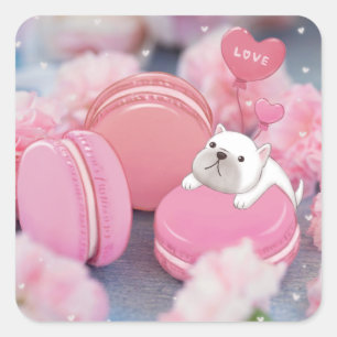 Adesivo Quadrado Dia de os namorados: Bulldog Francês, Macarons & F