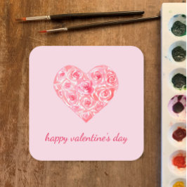Adesivo Quadrado Dia de os namorados de Coração de Rosa de Aquarela