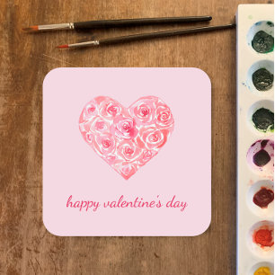 Adesivo Quadrado Dia de os namorados de Coração de Rosa de Aquarela