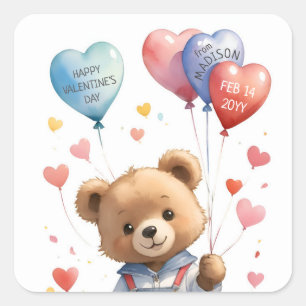 Adesivo Quadrado Dia de os namorados de Urso de Cor de Água de Cubo