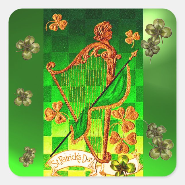 ADESIVO QUADRADO DIA DE SÃO PATRÍCIO IRLANDÊS HARP, VERDE DOURADO S (Frente)