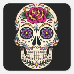 Adesivo Quadrado Dia do crânio de açúcar morto com Rosa