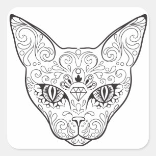 Adesivo Quadrado Dia do crânio do açúcar da cara do gatinho do