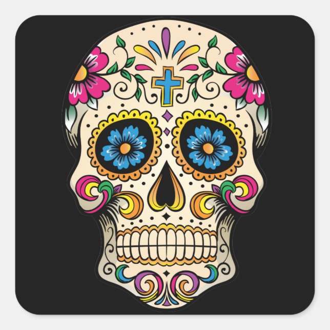 Adesivo Quadrado Dia do Crânio do Açúcar Morto com Cross Sticker (Frente)