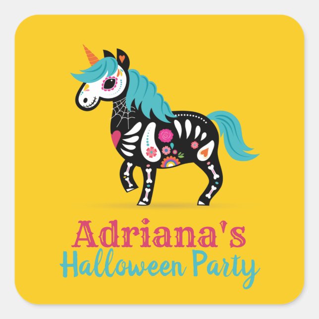 Adesivo Quadrado Dia do Crânio do Açúcar Morto Unicórnio (Frente)