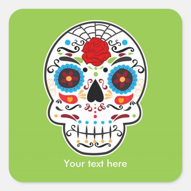 Adesivo Quadrado Dia do Crânio do Vinheta Verde Morto (Frente)