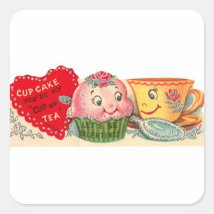 Adesivo Quadrado Dia dos namorados retro do cupcake e do Teacup do