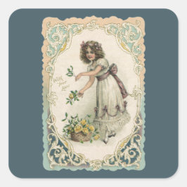 Adesivo Quadrado Dia dos Namorados Vintage, Menina Vitoriana com Ro