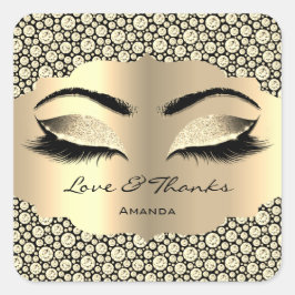 Adesivo Quadrado Diamond Dourado Lashes Nome Cleaner Love & Obrigad