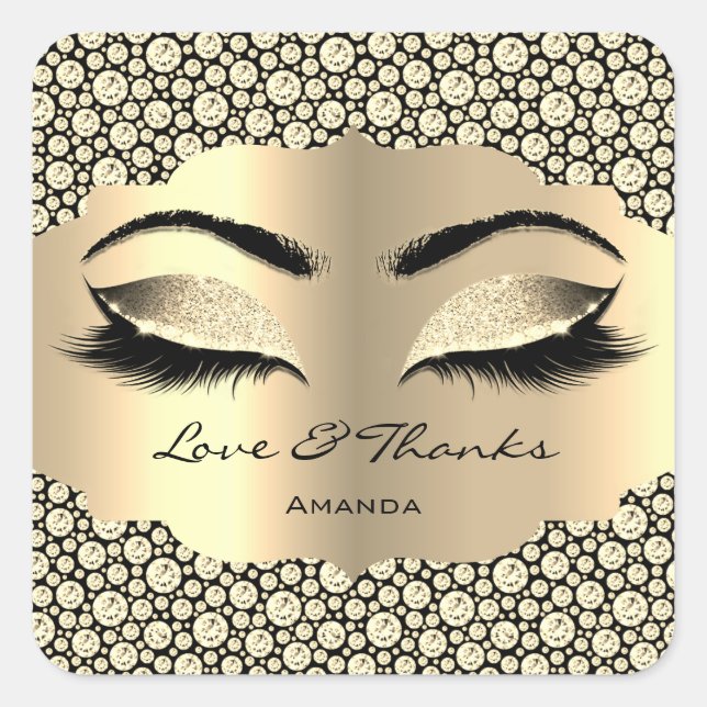 Adesivo Quadrado Diamond Dourado Lashes Nome Cleaner Love & Obrigad (Frente)