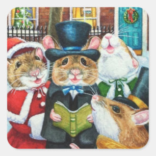 Adesivo Quadrado Dickens Christmas Caroling Mice Watercolor Art