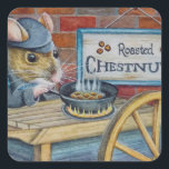 Adesivo Quadrado Dickens Christmas Mouse Roasting Art<br><div class="desc">"Dickens Christmas Mice No. 1 - Roasting the Chestnut" Watercolor Art Square Stickers, do artista Jean Weiner "Dickens Christmas Mice No. 1 - Roasting the Chestnut", apresenta um rato branco a partir do conto clássico A Christmas Carol. Este rato está a assar castanhas no carrinho do vendedor ambulante. Ele está...</div>