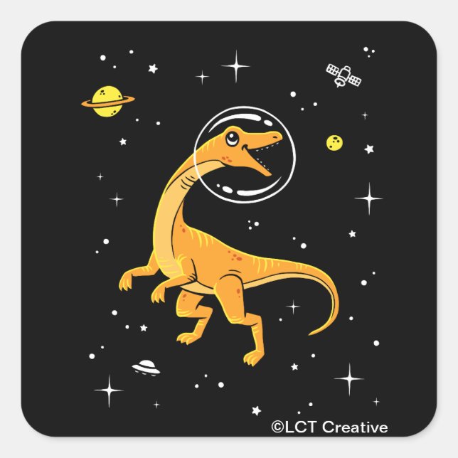 Adesivo Quadrado Dinos De Velociraptor Amarelo E Laranja No Espaço (Frente)