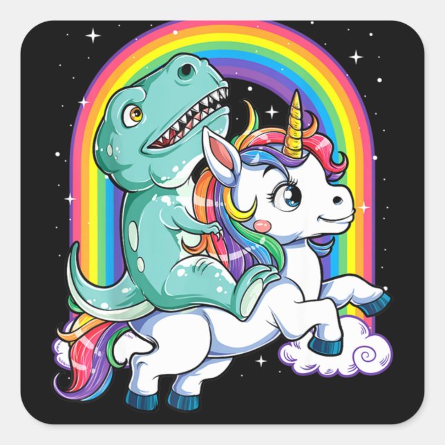 Adesivo Quadrado Dinosaur Riding Unicorn Kids Rainbow (Frente)