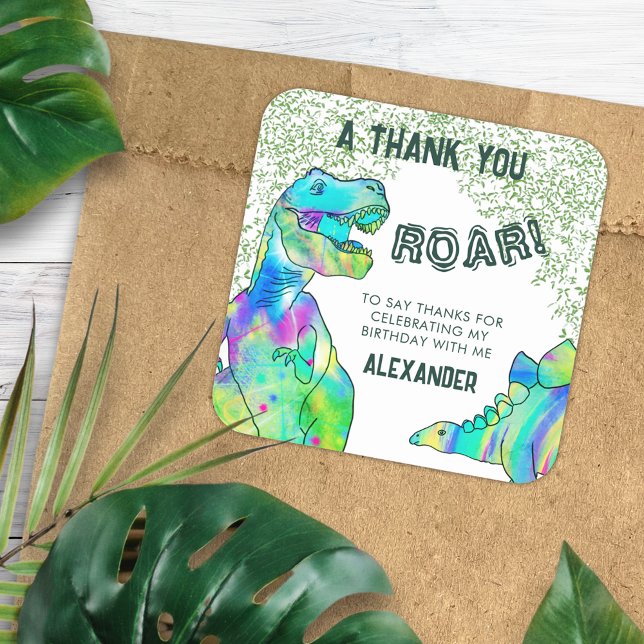 Adesivo Quadrado Dinosaur Roar Festa de aniversário Obrigado Por (T-Rex roar dinosaur party thank you custom favor sticker with colorful watercolor stegosaurus )