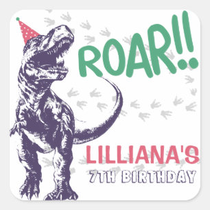 Adesivo Quadrado Dinosaur T-Rex de Chapéu de Festa Rosa e Roxo Aniv