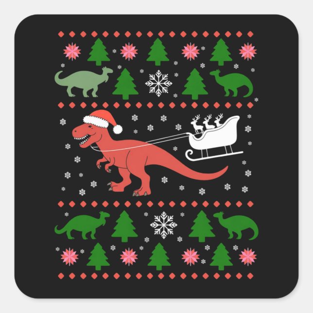 Adesivo Quadrado Dinosaur Ugly Christmas Sweater Dino T-rex  (Frente)