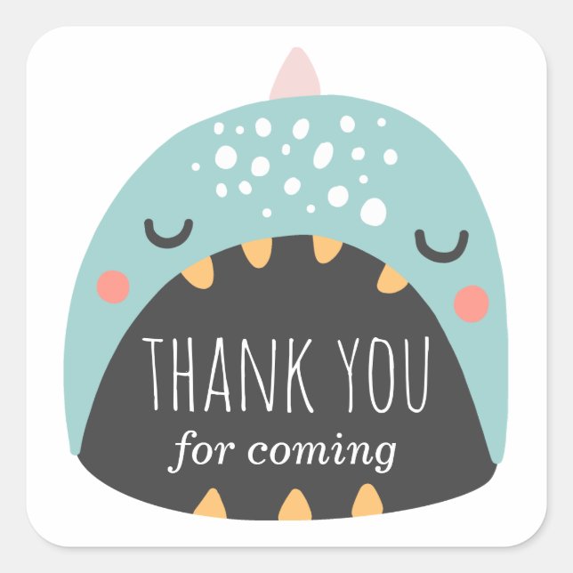 Adesivo Quadrado Dinossauro azul. Obrigado de aniversário para vir (Frente)