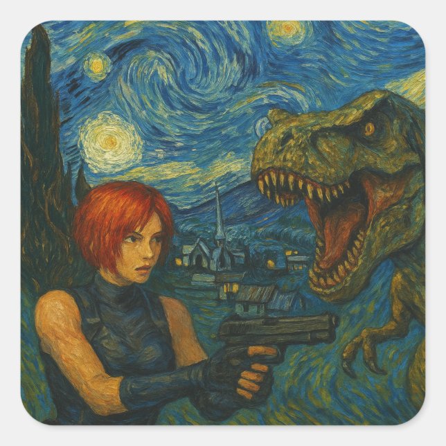 Adesivo Quadrado Dinossauro Batalha Starry Night Sticker (Frente)