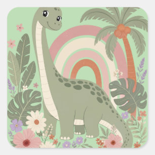 Adesivo Quadrado Dinossauro Boho Fofo Dino Arco-íris Pastel Flo