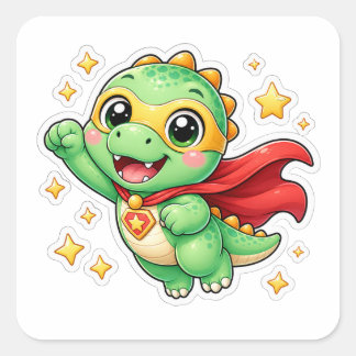 Adesivo Quadrado Dinossauro de Desenho Animado de Super-Herói Fofo