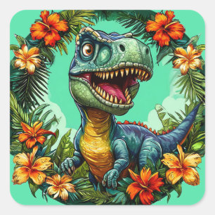 Adesivo Quadrado Dinossauro de Desenho Animado e Flores Tropicais V