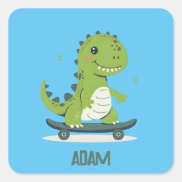 Adesivo Quadrado Dinossauro De Skate Divertido Com Nome De Criança