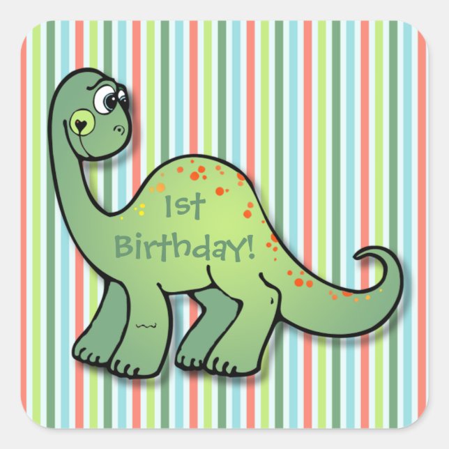 Adesivo Quadrado Dinossauro e Stripes primeiro aniversario 1,5" q.  (Frente)