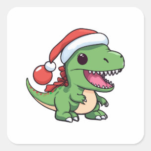 Adesivo Quadrado Dinossauro Kawaii T-Rex no Chapéu de Natal