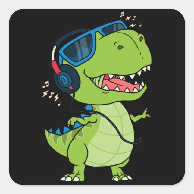 Adesivo Quadrado dinossauro legal ouvindo música (Frente)