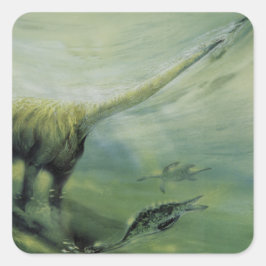 Adesivo Quadrado Dinossauros Antigos, Brachiosaurus Nadando no Ocea