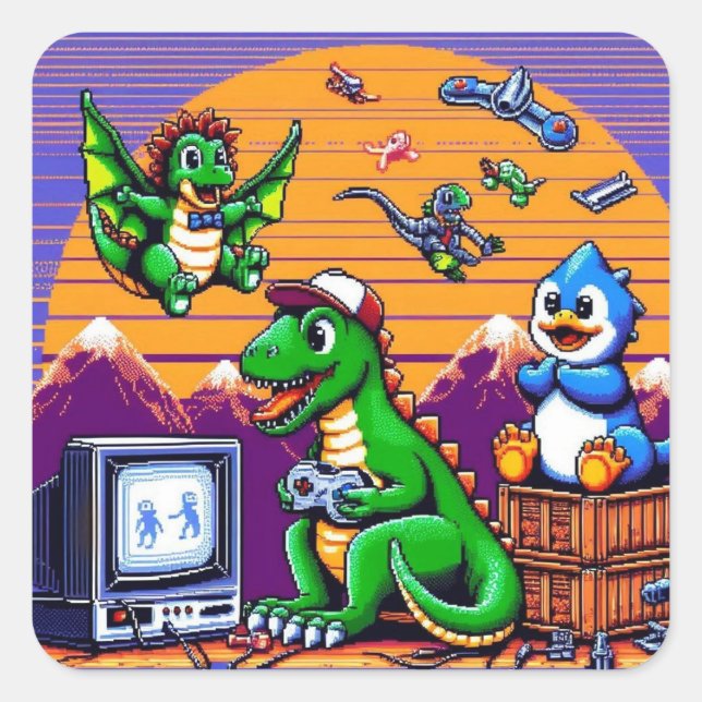 Adesivo Quadrado Dinossauros De 8 Bits Jogando Videos games (Frente)