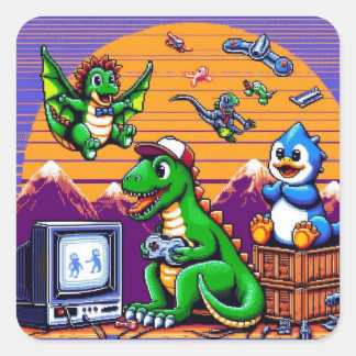 Adesivo Quadrado Dinossauros De 8 Bits Jogando Videos games