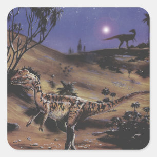 Adesivo Quadrado Dinossauros Vintage, Dilophosaurus em uma Noite Es