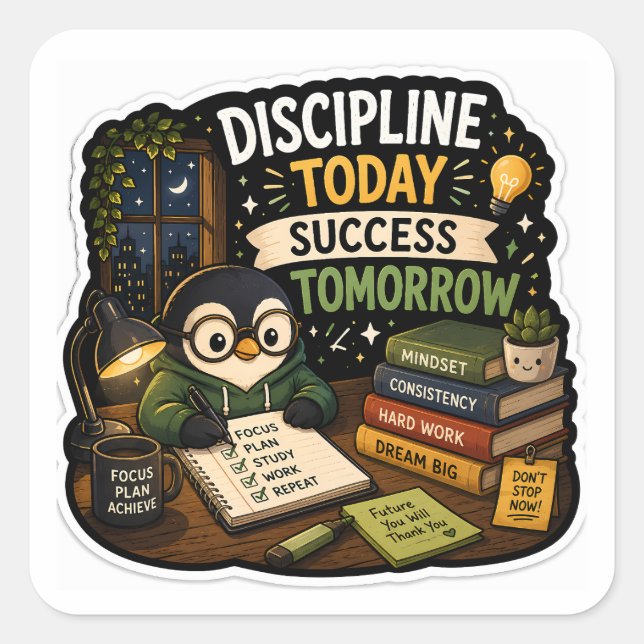 Adesivo Quadrado Disciplina Hoje, Sucesso Amanhã – Estudar Pinguim (Frente)