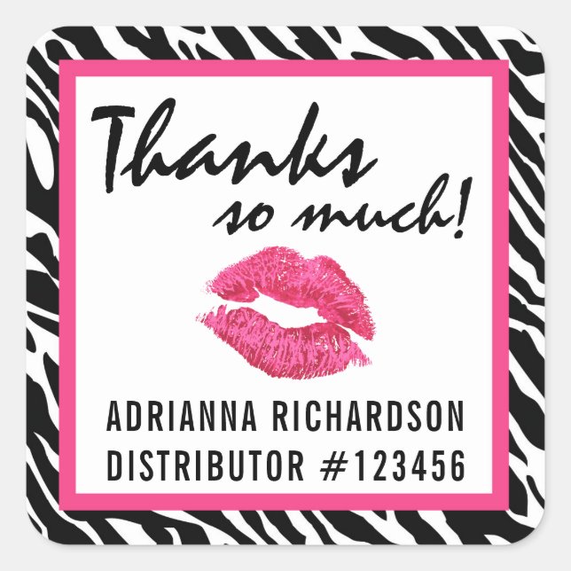Adesivo Quadrado Distribuidor de Lipstick Zebra Kiss Obrigado Rótul (Frente)