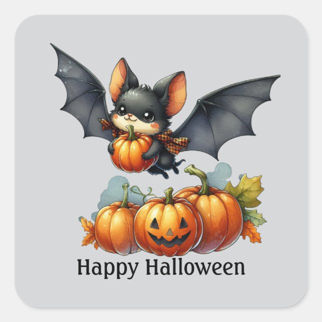 Adesivo Quadrado Diversão Bat Happy Halloween personalizável (Frente)