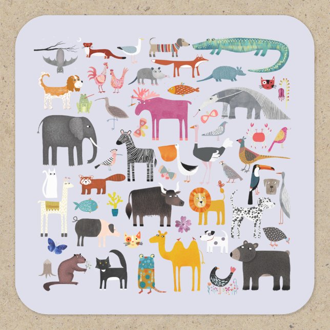 Adesivo Quadrado Diversão de Menagerie animal (Jungle, safari, zoo, wild and pet animals and bird design sticker)