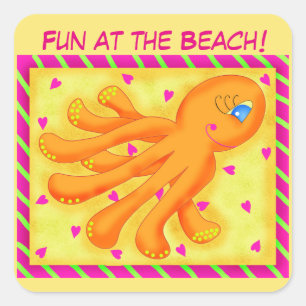 Adesivo Quadrado Diversão em Laranja Amarelo Octopus Whimsy Beach