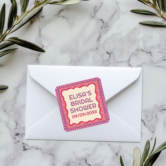 Adesivo Quadrado Diversão Retro Boho Festa de Noiva Artesanal PERSO (Retro Boho Fun Handmade CUSTOM Bridal Shower Square Sticker
)