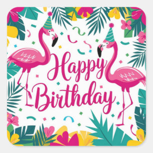 Adesivo Quadrado Diversão Tropical Flamingo Birthday Design