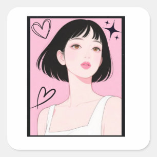 Adesivo Quadrado Divertido & Estético: Garota Kawaii Rosa Aesthet
